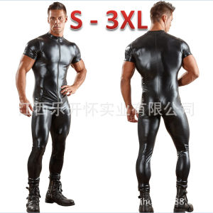 LZD  European and American Mens Patent Leather Tight Jumpsuit Double Zipper Head Open Crotch Nightclub Stage ds Performance Costume Short-Sleeved Clothes