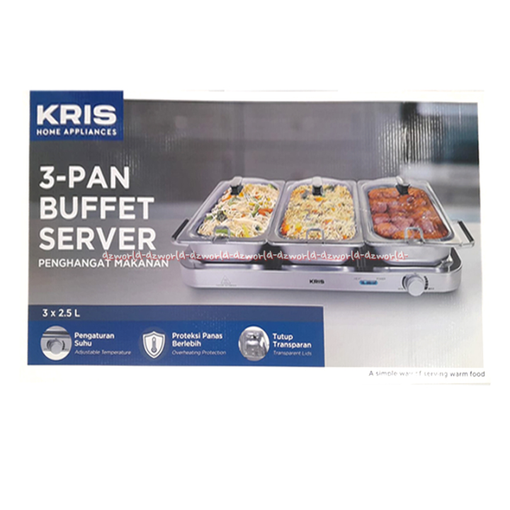 Kris 3Pan Buffet Server 3Slice Alat Penghangat Makanan 2.5L Masakan Model Panjang Warmer Food Pengaturan Suhu Tutup Transparan Krisbow Krischef
