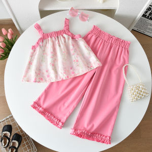 Bear Leader 3 4 5 67 Years Kids Clothing Girls Set Outfits Summer Flower Stripes Tops and Pink Ear Edge Wideleg Pants Suits for Baby Girls Cute Clothes Outfits