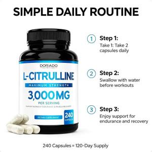 Dorado Nutrition L-Citrulline 3000mg Capsules Supports Workout Endurance & Muscle Recovery 240ct