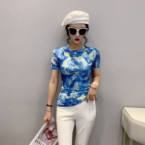 REHIN Womens summer Mesh printing short-sleeved round neck T-shirt slim and thin tops tide trend blouse