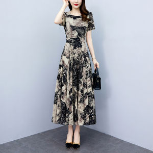 Impression Fashion Women Elegant Retro Ink Print Chiffon O-neck Short Sleeve Tunic High Waist A-line Swing Plus Size Long Dress