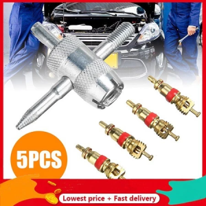 1set 4 Way Car Bike Tyre Tire Valve Repair Remover Tool+4 Valve Stem Cores for Car Truck Motorcycle Valve Core Removal Tool