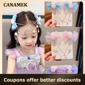 【 CANAMEK 】 Cartoon Girls Hair Clip Children Mermaid Princess Pearl Fringe Pink Purple Bow Forehead Chain Hairpin Fairy Earhook Accessories