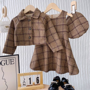 ชุดสูทเด็กผู้หญิง3ชิ้น2023เดรสลายสก็อตแฟชั่นเด็กผู้หญิง + ปกเสื้อโปโลเสื้อคลุมพร้อมหมวกเด็ก2-6ปี