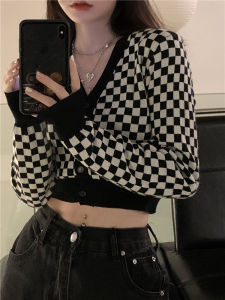 lune 28043#เสื้อไหมพรมแขนยาว จั้มเอวลายลายสก๊อต กระตุมหน้าสไตล์เกาหลี