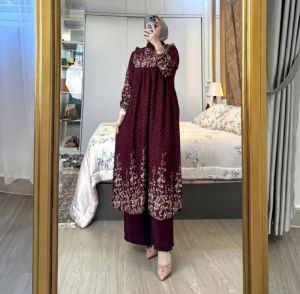 Set Tunik Tunik Arumi Kulot Crinkle Motif Floral Warna Biru Gemerlap/Beige/Abu Tua