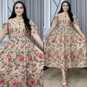 Natasha NataList - Pakaian Wanita Midi Dress Busui Kancing Aktif Depan Langan Pendek Katun Rayon