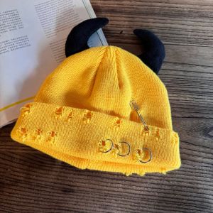 LUMINOU With Devil Horns Winter Knitted Beanie Pin Decoration Warm Hip Hop Cap  Funny Dome Hat Men Women