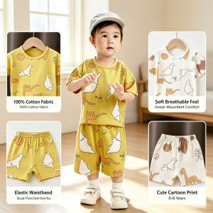 AILEBE Kids Sets 100% Cotton Terno Short Sleeve Tee Shorts Set Soft Breathable Sweat-Absorbent Skin-Friendly Lightweight Wear-Resistant Comfy Fit Cute Solid Color Summer Pajama Sleepwear Pambahay OOTD For Baby Boys 0-6 Years