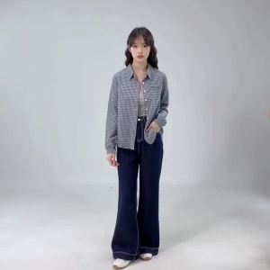 AMMIN Korean Style Fake Pocket Design Retro Plaid Shirt for Women 2025 Autumn Color-Block Casual Elegant Simple Long Sleeve Lapel Blouse