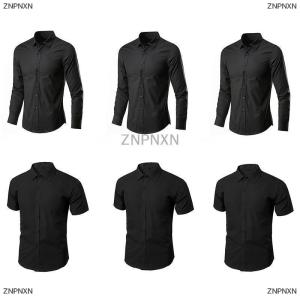 [COD] ZNPNXN Men Black Long Sleeved Short Sleeved Shirt Pure Colour Buttons High Collar Shirt Basic Section