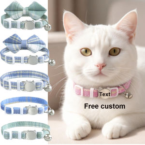 Free Custom Cat Collar Bow Tie Breakaway Kitten Collar with Bells Adjustable Soft Plaid Collars