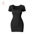 [Hottie Diary] Women's Shapewear Formal Midi Overalls Square Neck Bodycon - Seamless - Short Sleeve Dress. 
