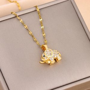 Cute Elephant Cubic Zirconia Pendant Necklaces For Women and Men Golden Copper Metal Necklace Versatile Daily Party Jewelry