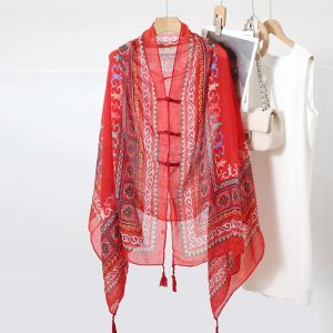 NOVELLEO Knot Button Sunscreen Scarf Shawl Tassels Paisley Cardigan Cape Fashion Flower National Style Cloak Outdoor