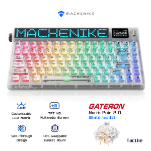 Machenike KT84 Retro-Style Mechanical Keyboard with Pixel Screen & TFT Screen 8000mAh Battery Gasket Mount Gateron North Pole 2.0 Switch With Ultra-clear Transparency Hot-Swappable RGB Backlit Tri-mode bluetooth wireless keyboard Yellow /White Switch