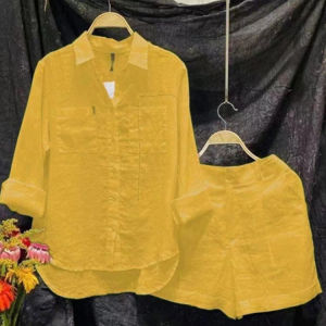 Multi-Colored Cotton Linen Suit for Women 2PCS Long Sleeve Shirt Wide Leg Shorts Set Summer Sun Protection Outfit