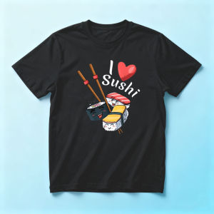 I Love Sushi Cartoon Sushi Chopsticks Graphic Print Loose Black Short Sleeve Tee Men T Shirt Casual Daily Food Lover Outfit