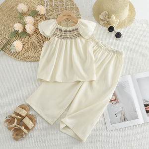 Menoea New Korean Version Solid Color Flying Sleeves Girls Outfits Summer Fashion Wavy Line T-shirt Tops + Pants Two-piece Set 3-7 Years Kids Casual Plain Clothes