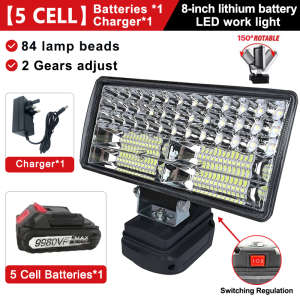 8 Inch Cordless Portable Light Work Light Spotlight Emergency LED Light Fit 21V Battery Rechargeable 84 LED Beads LED Floodlight Portable Spotlight Cordless Outdoor Work Light Rechargeable Emergency LED Lamp