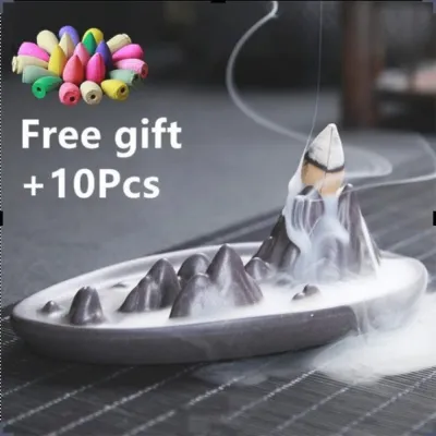 Ceramic Backflow Incense Burner Lotus Incense Sticks Sandalwood Incense Burner Waterfall Resin Censer Home Fragrance 瀑布倒流香炉 陶瓷香炉 佛手香炉送十粒香