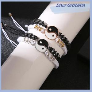 Ditur 2Pcs Tai Chi Yin Yang Couple Bracelets Necklaces Set Pendant Adjustable Braid Chain Bracelet Matching Lover Bracelets Choker