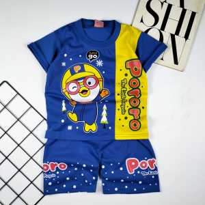 Stelan Baju Anak/Kaos Anak Laki Dan Perempuan/Baju Kaos Stelan/Pororo Belang Biru Lengan Pendek