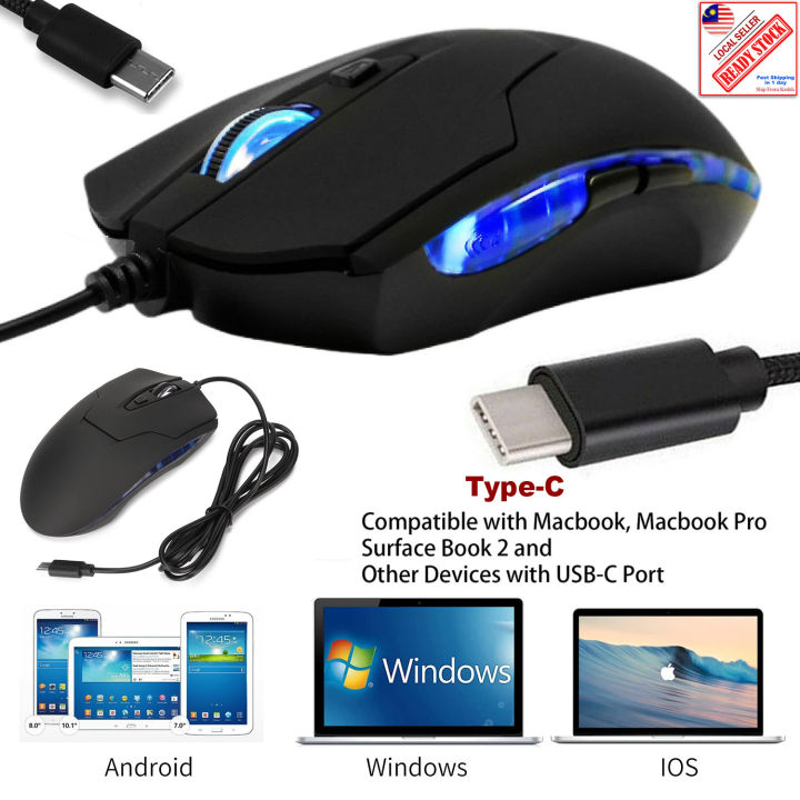 Type C Wired USB C Mice Gaming Mouse Ergonomic Blue RGB Light 2400 DPI ...