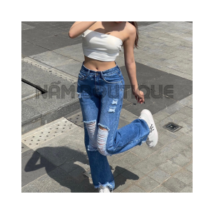 Quần Jean Ống Suông Nữ Cắt Rách 2 Màu Basic Cá Tính Dễ Phối Đồ