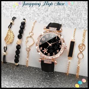 【Jumpping】 นาฬิกาผู้หญิง6ชิ้น เซ็ตแบบลำลองลายดอกไม้ควอตซ์นาฬิกาข้อมือหนัง PU สร้อยข้อมือชุดรวมเครื่องประดับของขวัญสำหรับผู้หญิง