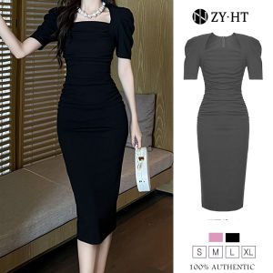 ZYHT eravogue Đầm Body công sở cổ điển chân đầm nữ Mảnh mai tay áo phồng cổ vuông váy ngang hông 20505