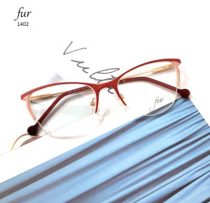 👓กรอบแว่นตา FUR รุ่น 1402 - C10 ครึ่งกรอบสีแดง-แถบชมพูนู๊ด ขาสีทอง Vintage ทรงสวย ใส่สบาย