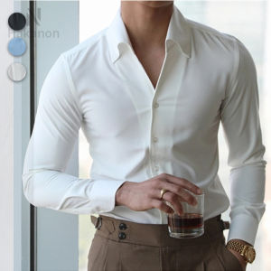 Mens Italian Collar Shirt Wrinkle-free Casual Fashionable Slim-fit with A Lapel Design Branded Clothing Youth New