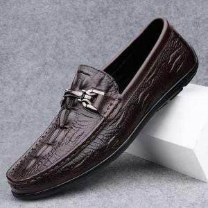 Free Shipping MenS Flat Casual Shoes Summer Crocodile-Pattern Slip-On Loafers Lightweight And Comfortable Leather Shoes With Soft Soles