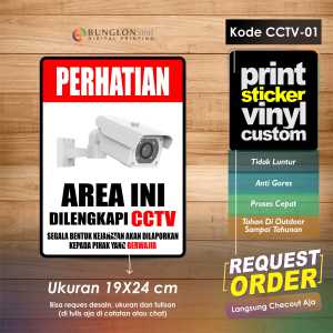 STIKER PERHATIAN AREA INI DILENGKAPI CCTV + LAMINASI KODE CCTV-01 MERAH HITAM