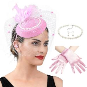 Elegant Party Hat For Women Lightweight Lace Gloves Necklace Earrings With Feather Fascinator Church Occasion Accessory