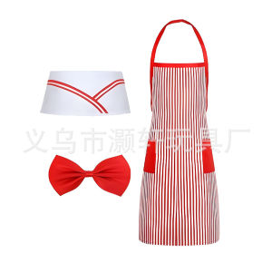 cosplay Holiday costume set for waiters and chefs including a chefs hat bow tie red and white striped chefs apron and a non-woven fabric hat