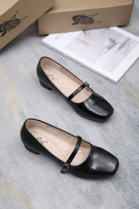 [FA]  fashion 1 inch square toe black leather shoes student  office shoes high heel women