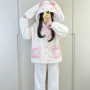 New Winter Womens Pajamas Pants Sets Flannel Hooded Homewear 2Pcs Kawaii Rabbit Coral Fleece Outdoors Home Clothes Warm Suit2026