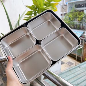 Bộ khay đựng topping trà sữa inox 304 nhiều ngăn có nắp đậy - khay inox đựng gia vị nắp inox