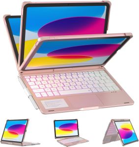 MD iPad 10th Generation Case with Keyboard(2022) Multi Touchpad 360°Swivel Rainbow Backlight Pencil Holder for iPad 10th Gen 10.9 inch 2022 - Black