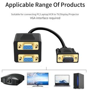 VGA Splitter Cable 15Pin Male To 2 Female Y Adapter 1 in 2Out For Double Monitor Setups With Gold Plated Connectors