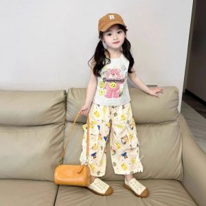 2-12 ปี ฤดูร้อน เด็กผู้หญิง ชุดแฟชั่นสไตล์เกาหลี เสื้อแขนกุด และกางเกงขายาว ขากว้าง