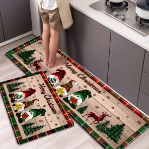 FONESH Xmas Tree Pattern Christmas Kitchen Rugs Santa Claus Home Decoration Xmas Floor Mats Christmas Decor Non-slip Christmas Entrance Carpets Balcony Bathroom