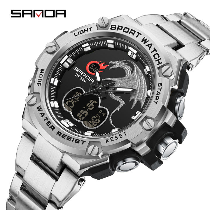SANDA New Top Brand Luxury Men's Fashion Sport Trend Watches Waterproof  Dual Display LED Display Stainless Steel Male Watch Lazada PH - Main Image