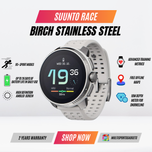 Suunto Race Birch Stainless Steel GPS Sport Watch: AMOLED Offline Maps 26-Day Battery & HRV Recovery