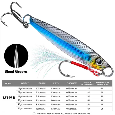 PROBEROS Long Cast Jigs 17g 21g 24g 30g 40g 60g Artificial Metal Jig Spoon Fishing Lure with Sharp Hooks Saltwater Fast Sinking Jigging Bait Tenggiri Jig Boat Fishing Tackle