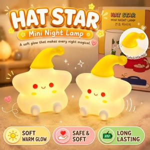 🌙 Lampu Tidur Hat Star Mini Night Lamp LED Cute Cartoon Night Light Creative Bedroom Bedside Lamp Soft Warm Glow
