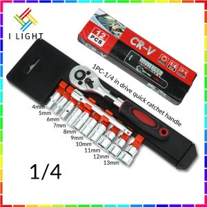 （Fast Delivery)(12Pcs) Quick Ratchet Wrench 1/4 inch/1/2 inch Mechanical Spanner Automotive Motorcycle Repair Tool Set